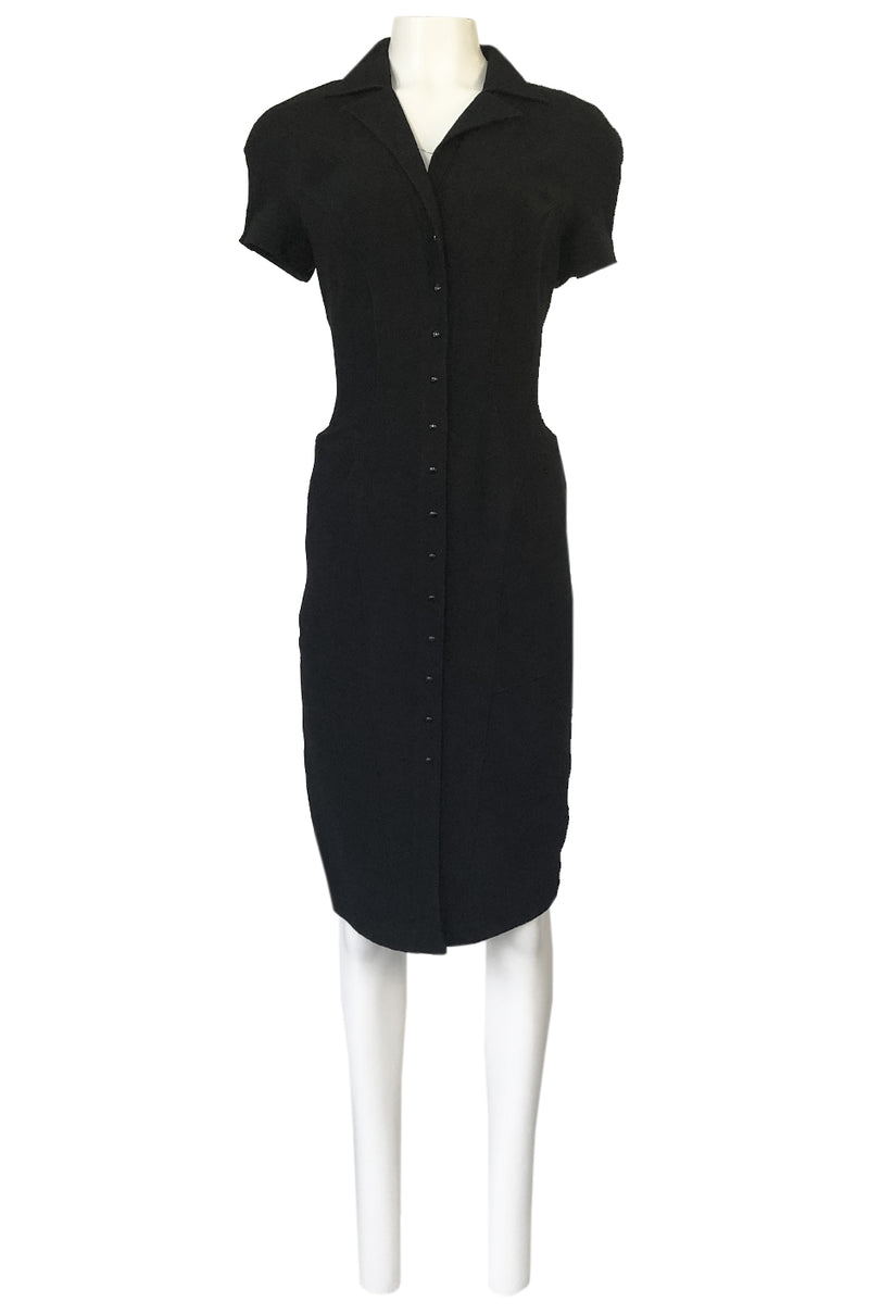 1980s Thierry Mugler Back Open Cut Work Lace Black Fitted Dress