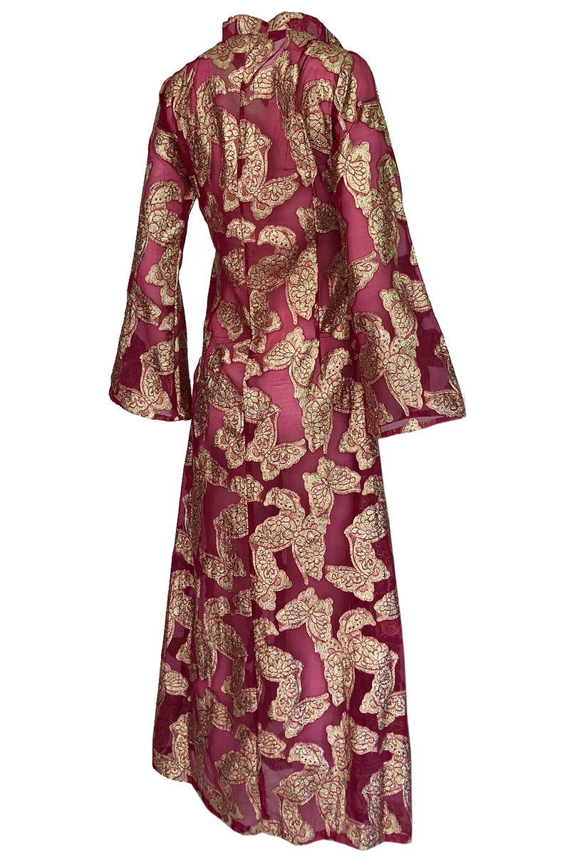 1970s Unlabeled Gold Lame Thread Butterfly Caftan on Pink Organza