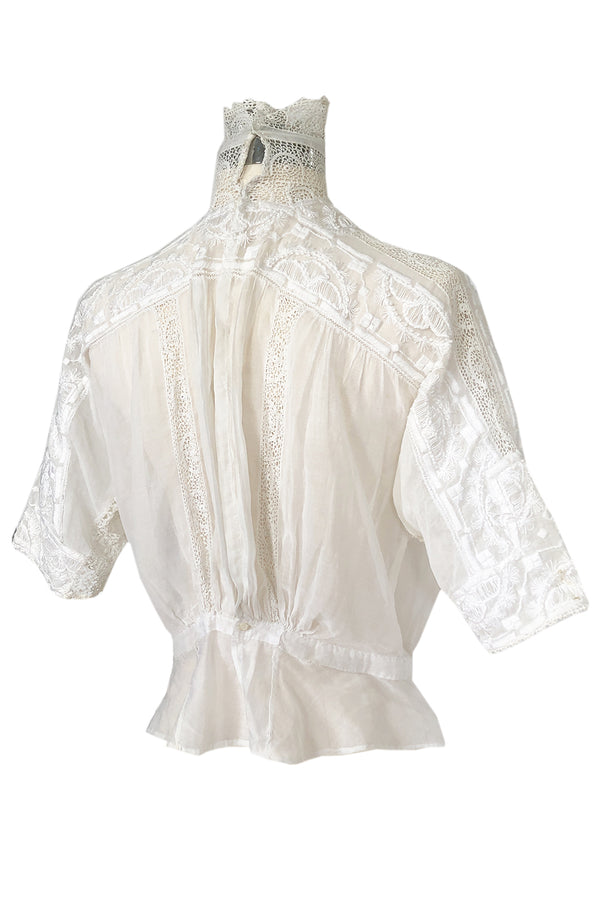 c1900s Antique Fine White Hand Made Linen, Lace & Embroidered Top