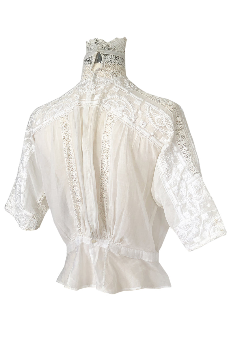 c1900s Antique Fine White Hand Made Linen, Lace & Embroidered Top