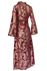 1970s Unlabeled Gold Lame Thread Butterfly Caftan on Pink Organza