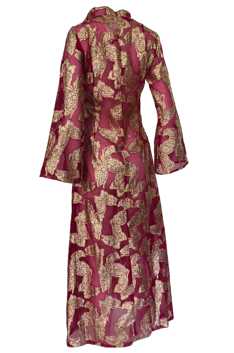 1970s Unlabeled Gold Lame Thread Butterfly Caftan on Pink Organza