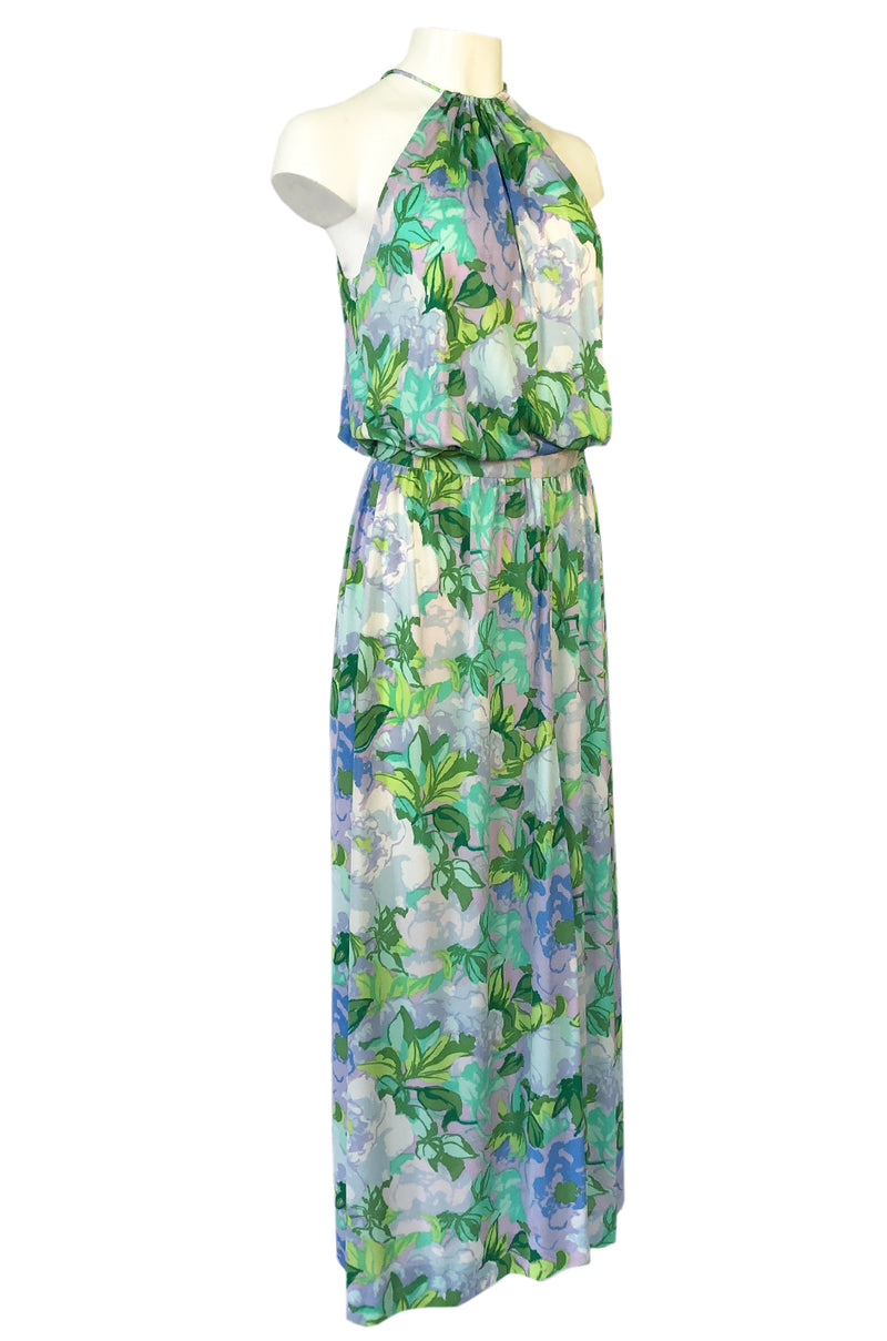 1970s Ken Scott Green Floral & Leaf Print Jersey Halter Dress