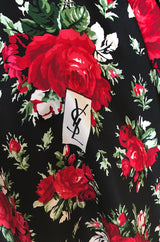 Huge 1970s Yves Saint Laurent Silk Red Rose Print Black Scarf