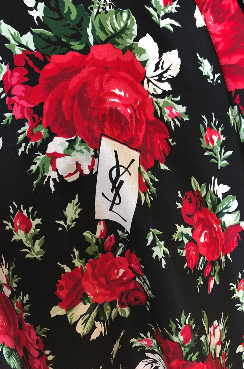 Huge 1970s Yves Saint Laurent Silk Red Rose Print Black Scarf