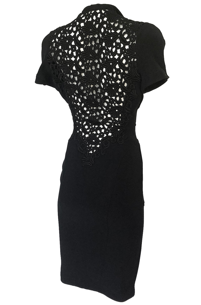 1980s Thierry Mugler Back Open Cut Work Lace Black Fitted Dress
