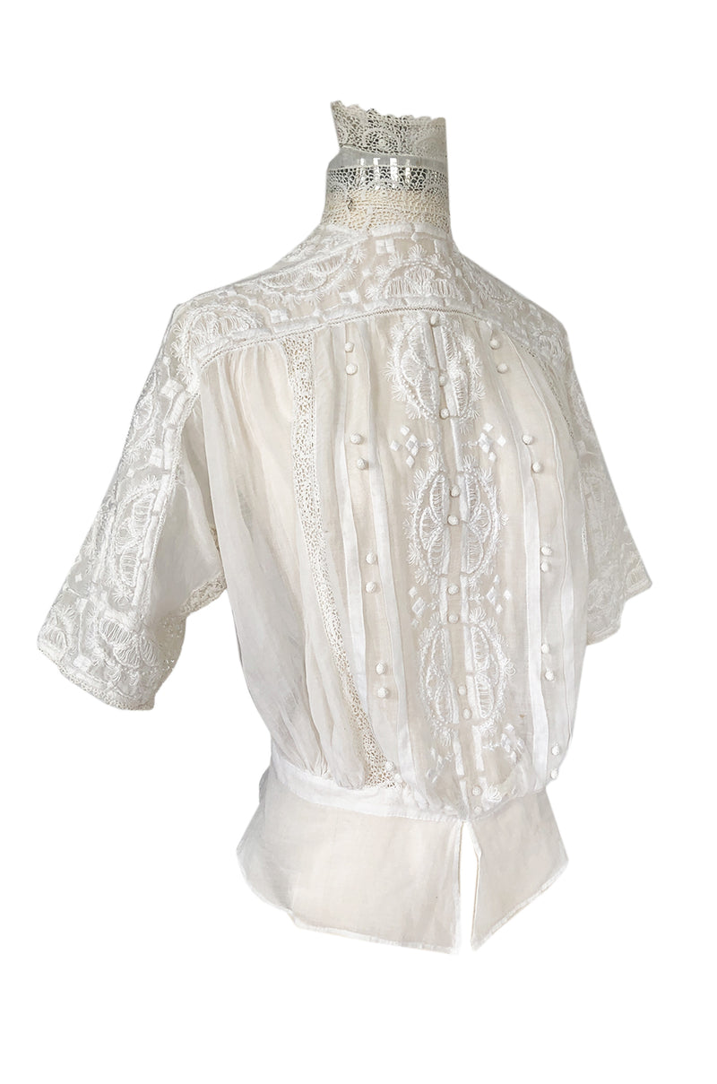 c1900s Antique Fine White Hand Made Linen, Lace & Embroidered Top
