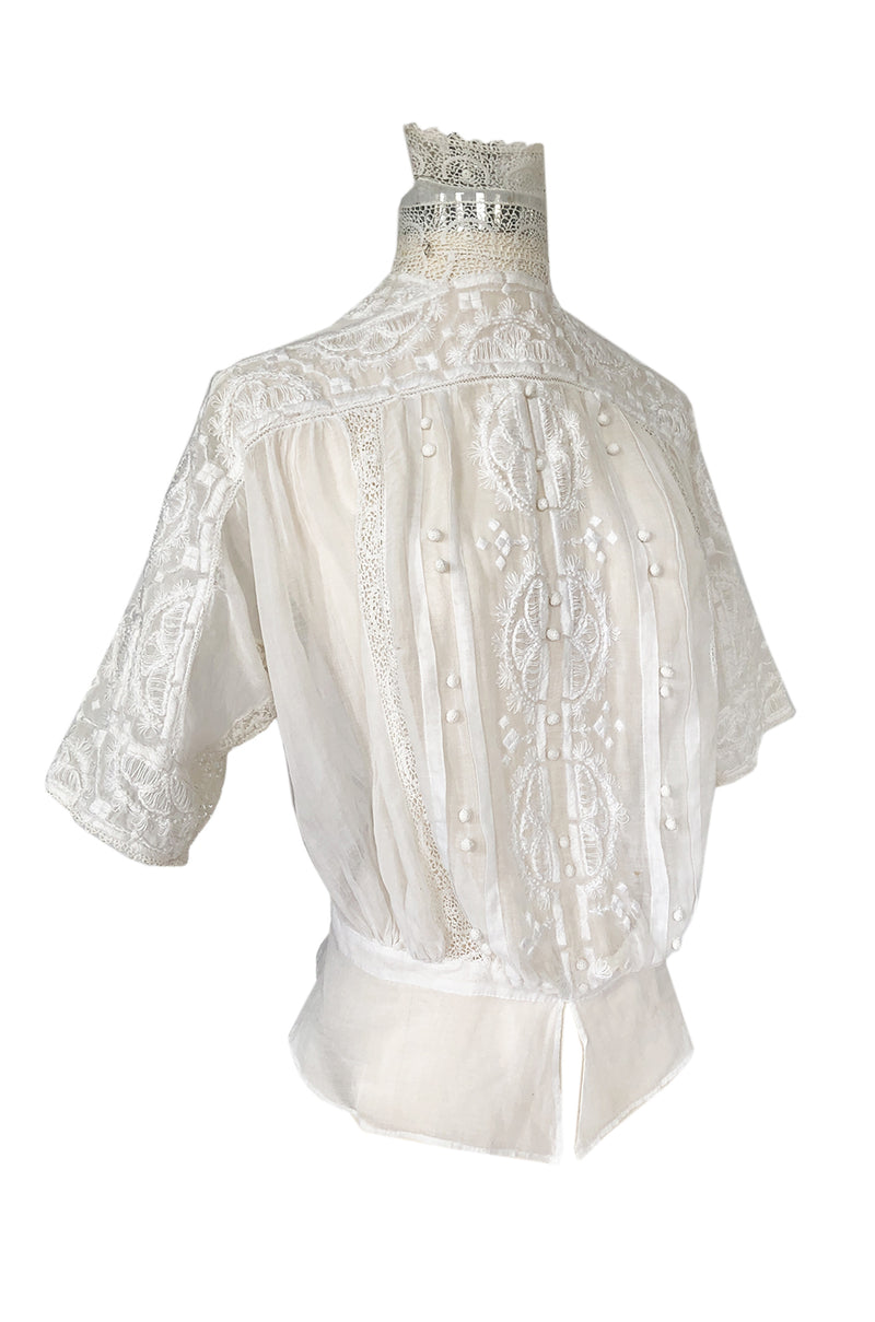c1900s Antique Fine White Hand Made Linen, Lace & Embroidered Top