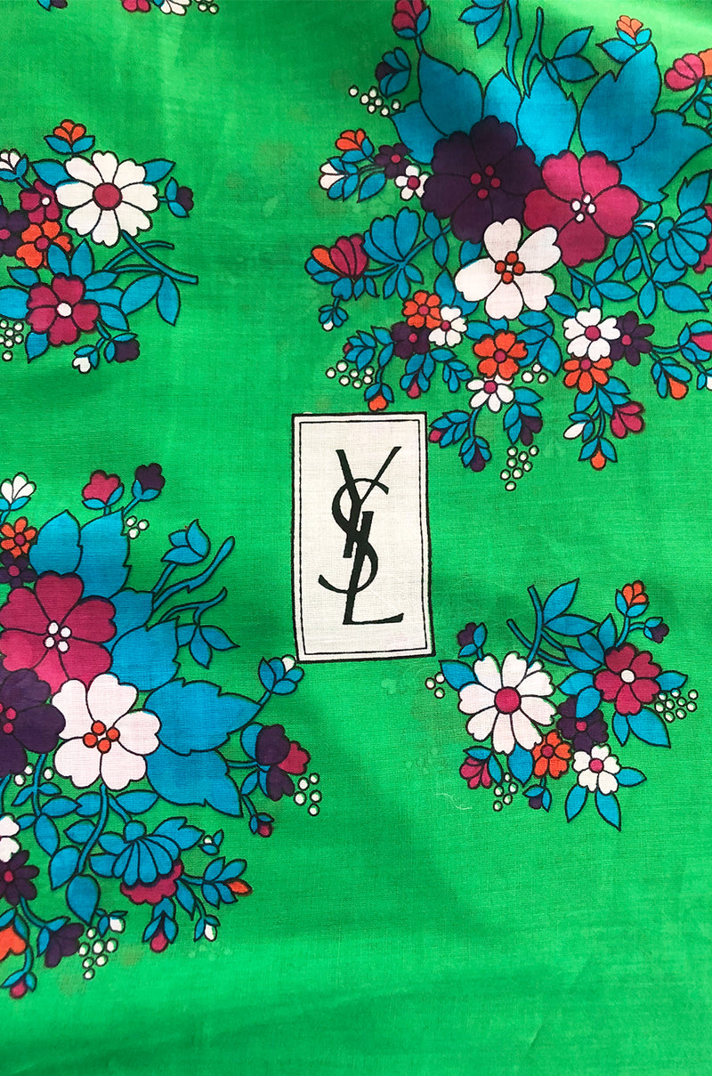 Huge 1970s Yves Saint Laurent Green & Pink Floral Cotton and Silk Scarf