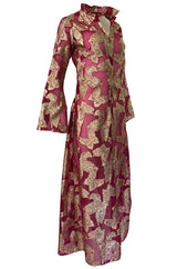 1970s Unlabeled Gold Lame Thread Butterfly Caftan on Pink Organza