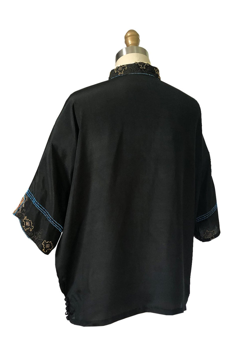 1920s Unlabeled French Couture Bead & Metallic Thread Black Silk Tunic