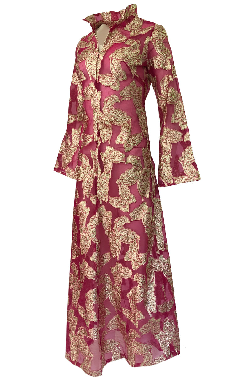 1970s Unlabeled Gold Lame Thread Butterfly Caftan on Pink Organza