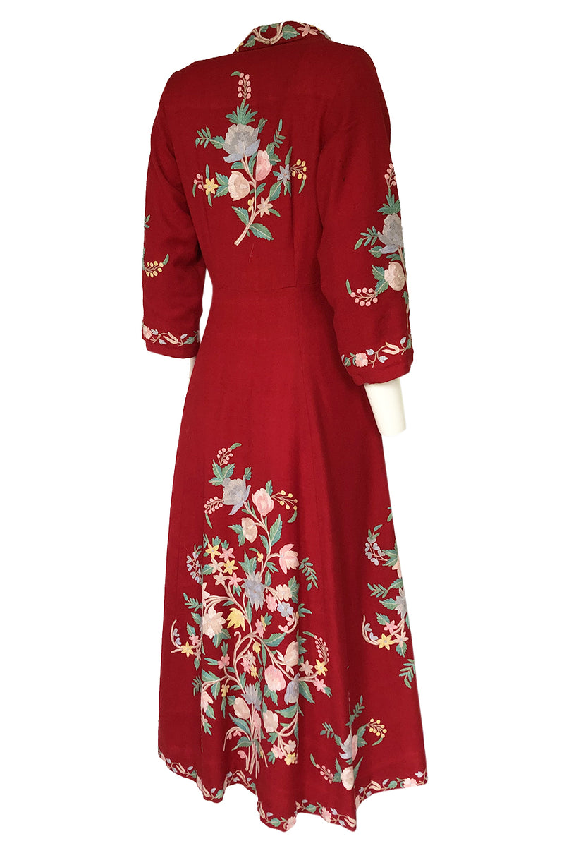 Exceptional 1930s Hand Embroidered Floral Crewel Red Dress or Coat Shrimpton Couture Exceptional 1930s Hand Embroidered Floral Crewel Red Dress or Coat Shrimpton Couture