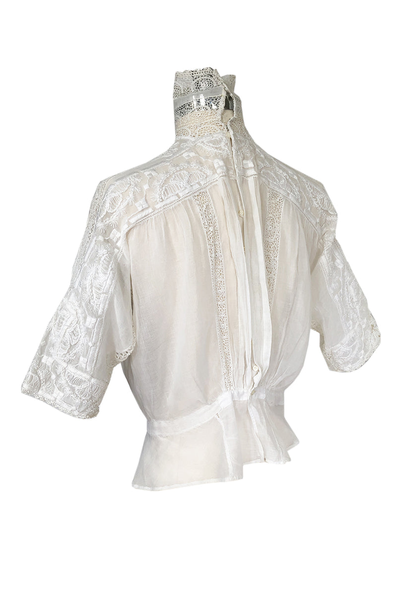 c1900s Antique Fine White Hand Made Linen, Lace & Embroidered Top