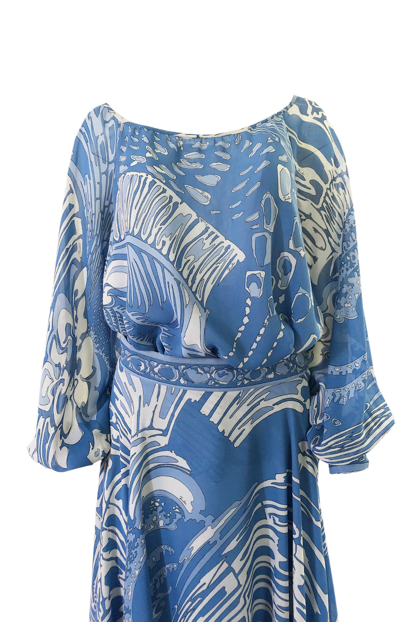 1960s Emilo Pucci Pretty Blue Silk Print Chiffon Top and Skirt Maxi Dress