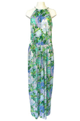 1970s Ken Scott Green Floral & Leaf Print Jersey Halter Dress