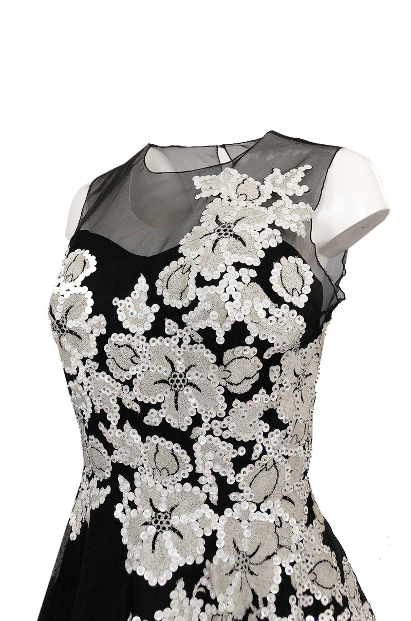 1950s I. Magnin Sequin & Bead Detailed Ivory Lace Applique Silk Dress