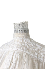 c1900s Antique Fine White Hand Made Linen, Lace & Embroidered Top