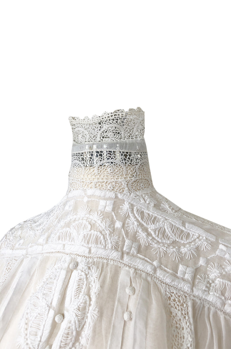 c1900s Antique Fine White Hand Made Linen, Lace & Embroidered Top