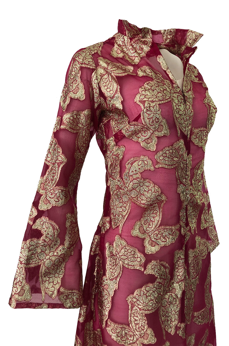 1970s Unlabeled Gold Lame Thread Butterfly Caftan on Pink Organza