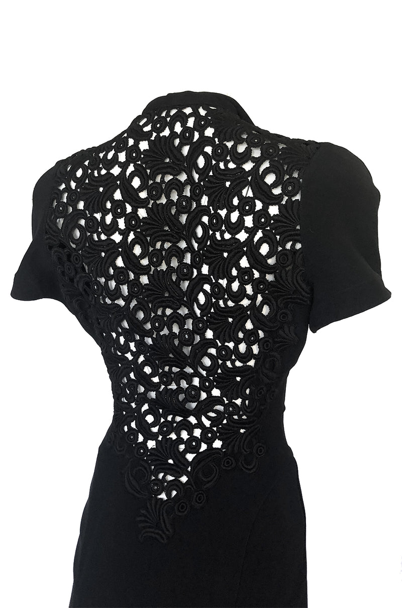 1980s Thierry Mugler Back Open Cut Work Lace Black Fitted Dress