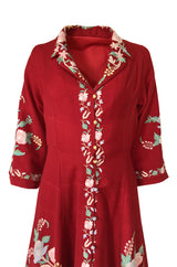 Exceptional 1930s Hand Embroidered Floral Crewel Red Dress or Coat