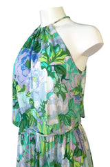 1970s Ken Scott Green Floral & Leaf Print Jersey Halter Dress
