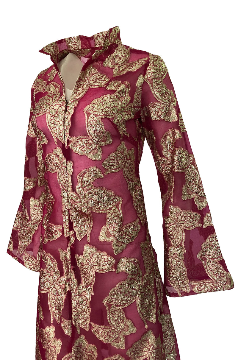 1970s Unlabeled Gold Lame Thread Butterfly Caftan on Pink Organza