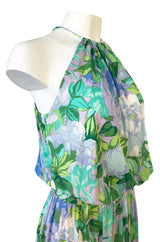 1970s Ken Scott Green Floral & Leaf Print Jersey Halter Dress