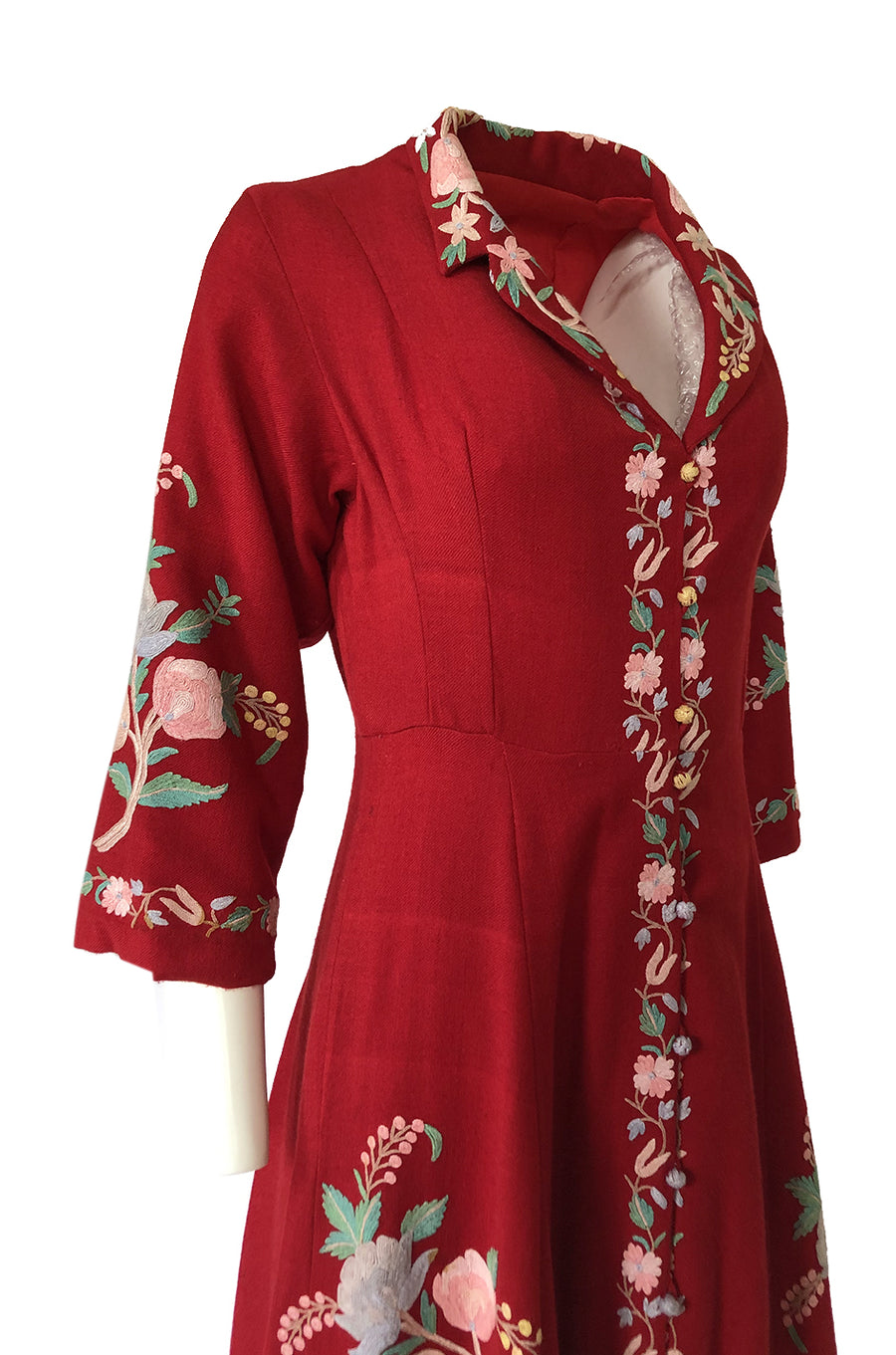 Exceptional 1930s Hand Embroidered Floral Crewel Red Dress or Coat Shrimpton Couture Exceptional 1930s Hand Embroidered Floral Crewel Red Dress or Coat Shrimpton Couture