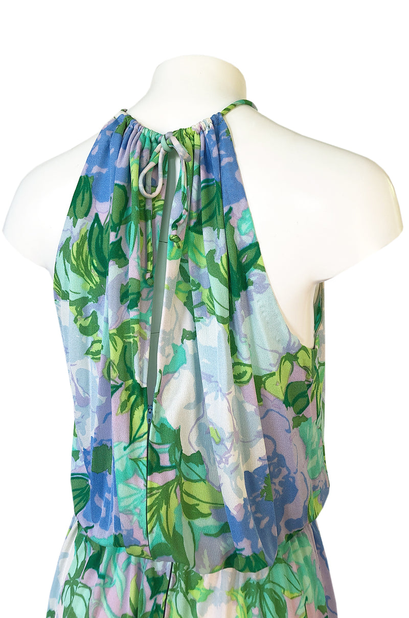1970s Ken Scott Green Floral & Leaf Print Jersey Halter Dress