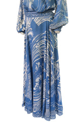 1960s Emilo Pucci Pretty Blue Silk Print Chiffon Top and Skirt Maxi Dress