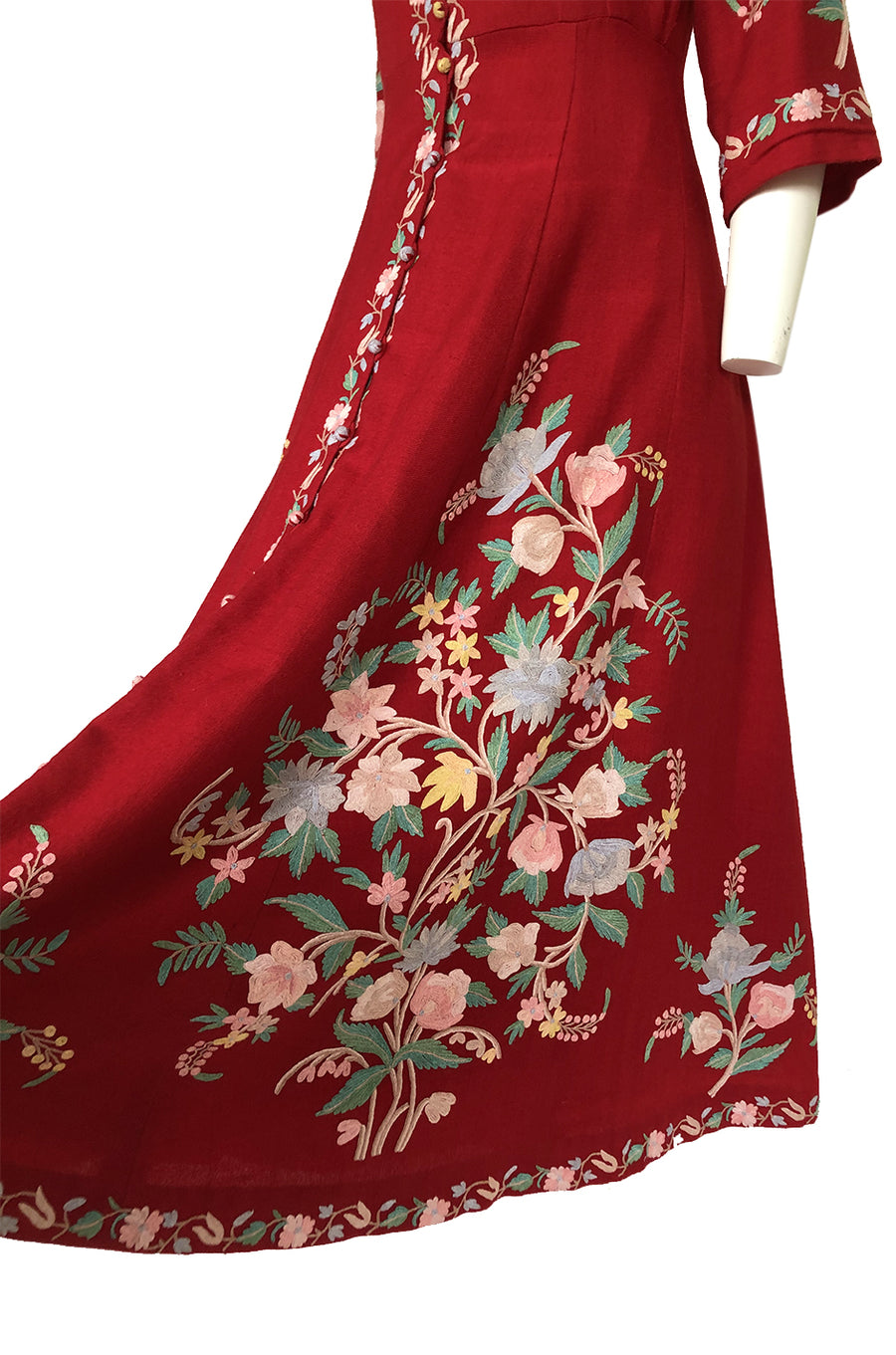 Exceptional 1930s Hand Embroidered Floral Crewel Red Dress or Coat Shrimpton Couture Exceptional 1930s Hand Embroidered Floral Crewel Red Dress or Coat Shrimpton Couture