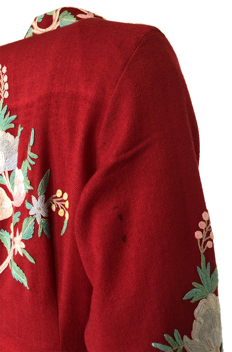 Exceptional 1930s Hand Embroidered Floral Crewel Red Dress or Coat