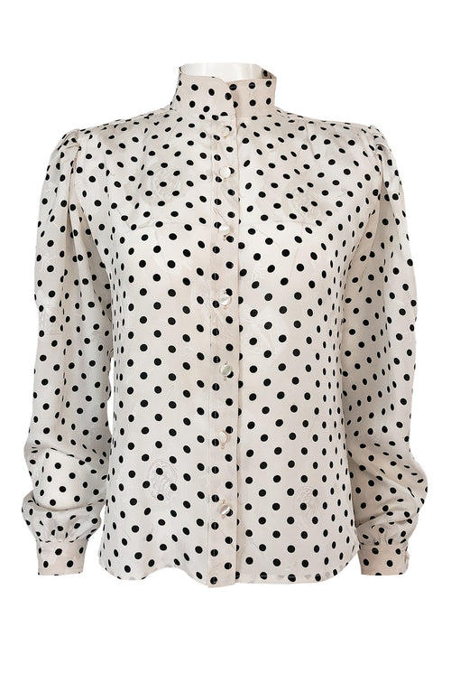 1980s Emanuel Ungaro Black and White Dot Printed Silk Top