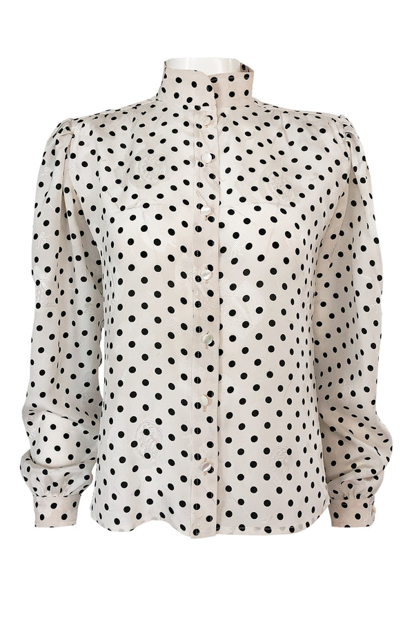 1980s Emanuel Ungaro Black and White Dot Printed Silk Top