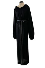 Gorgeous 1970s Givenchy Black Silk Crepe Jersey Dress w Gathered Neckline & Pouf Sleeves