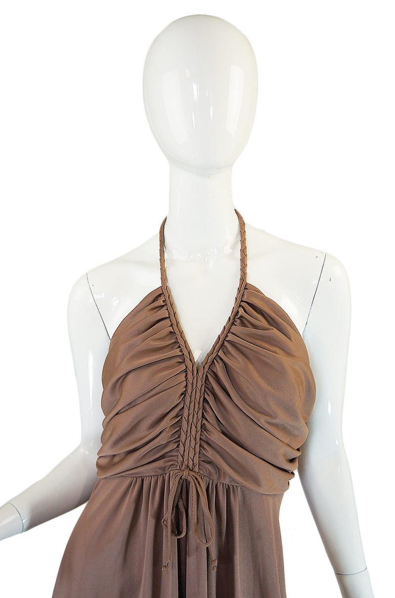 1970s Taupe Jersey Halter Maxi Dress