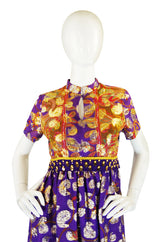 1960s Purple Metallic Print Maxi Dress