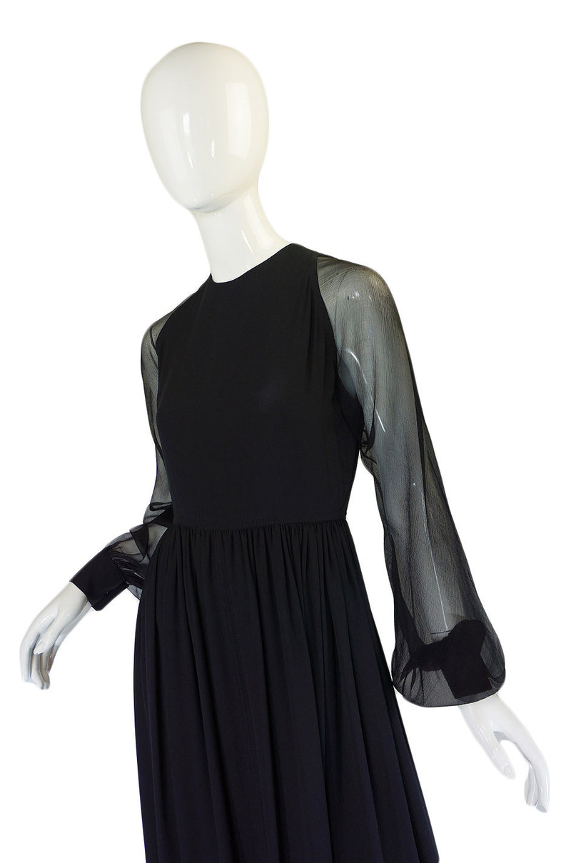 1960s Black Silk & Chiffon Galanos Balloon Sleeve Dress