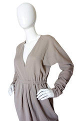 1970s Taupe Grey Plunge Halston Dress