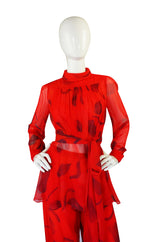 1970s Printed Red Silk Chiffon Set