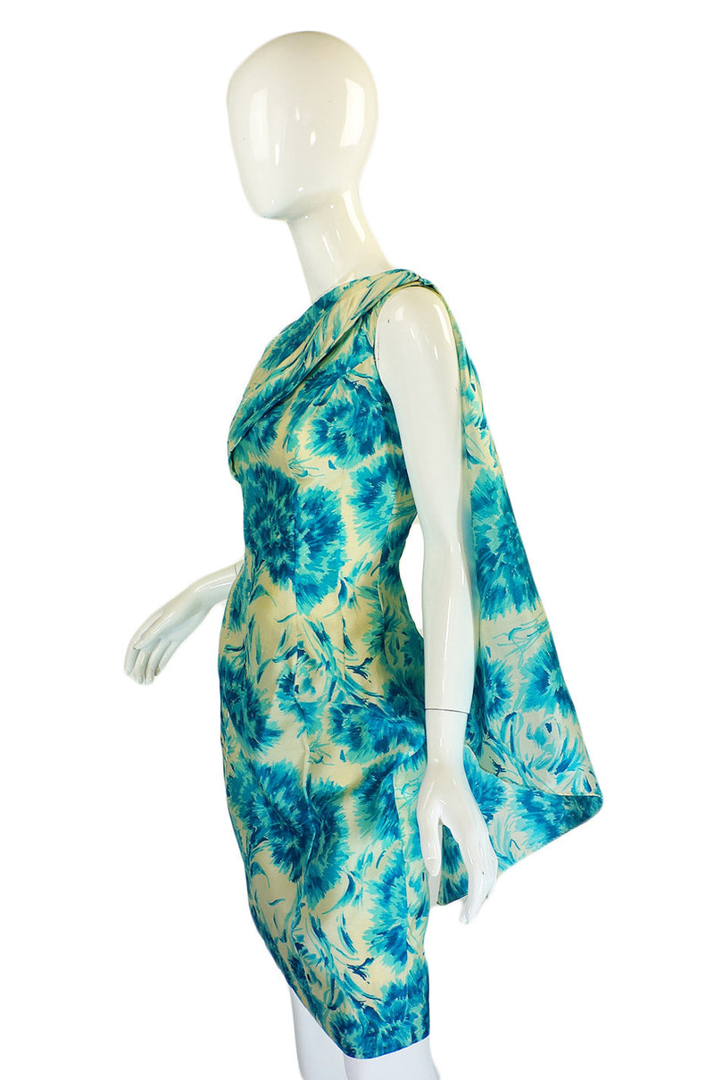 1950s Blue Print Draped Silk Wiggle Dress Shrimpton Couture 1950s Blue Print Draped Silk Wiggle Dress Shrimpton Couture