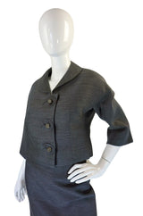 1950s Grey Silk & Rhinestone Button Suit