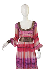 1960s Pink & Gold Silk Chiffon Dress with Silver Beading