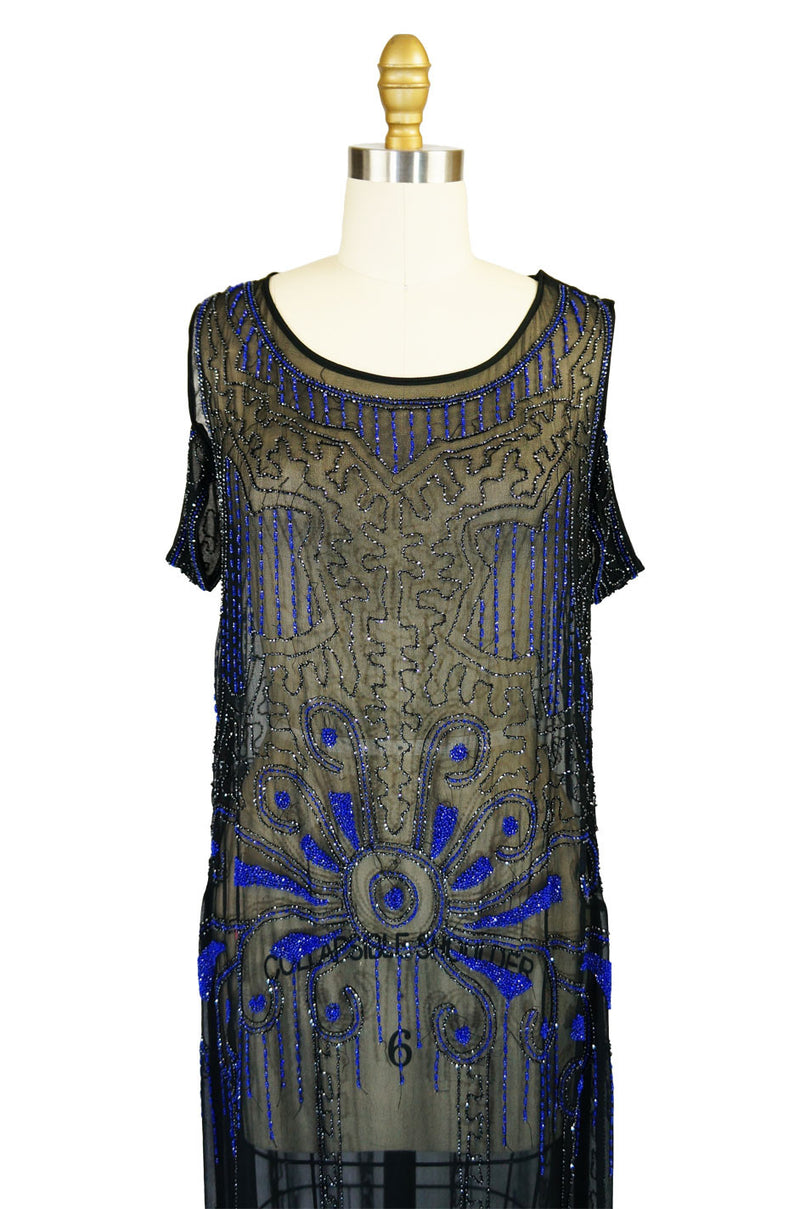 1920s Silk Blue Beaded Flapper Dress