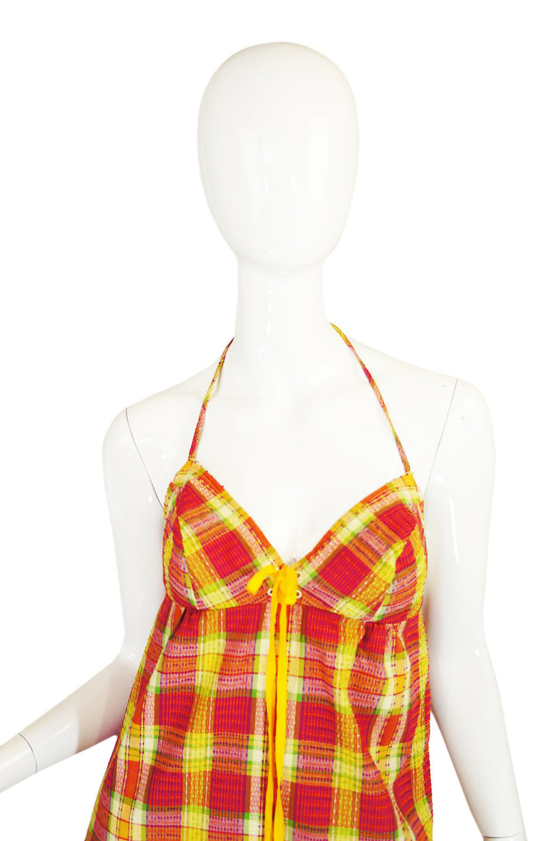 1970s Gingham Print Lace Front Halter Maxi Dress