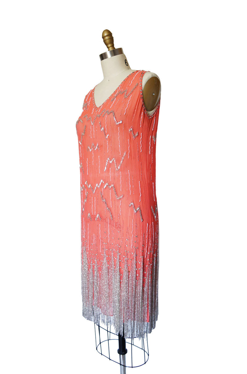 1920s Silver Fringe Beaded Flapper Dress