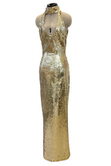 Rare Spring 1973 Loris Azzaro Ad Campaign Documented Gold Metallic Sequin Backless Halter Dress