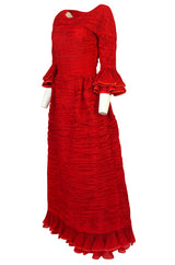 1960s Sybil Connolly Couture 'Non Chalance' Red Ruffled Pleated Linen Dress